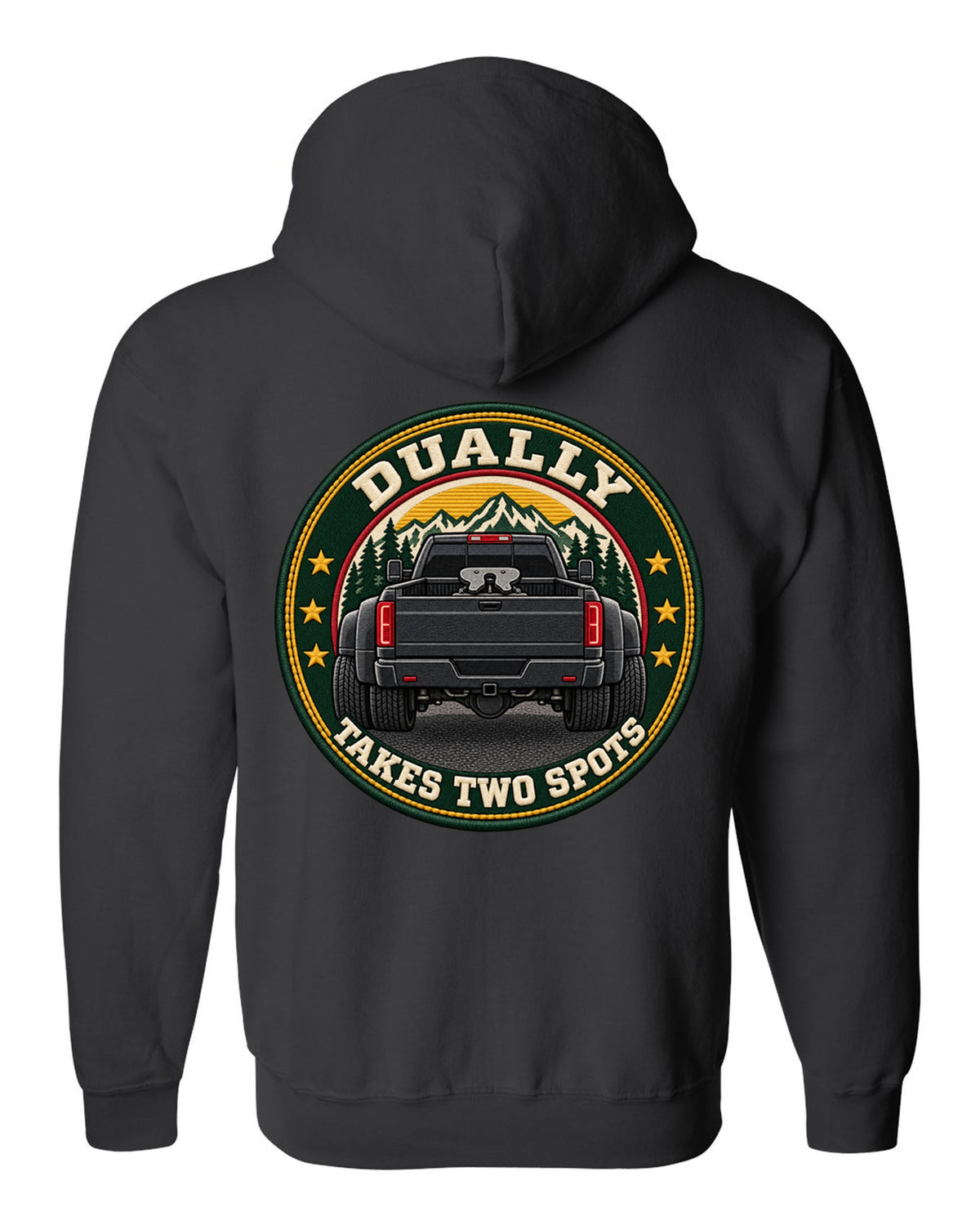 Varsity crest print for a 2019-2024 Ram HD 3500 dually with fifth wheel and takes two spots text black zip hoodie back view with the design