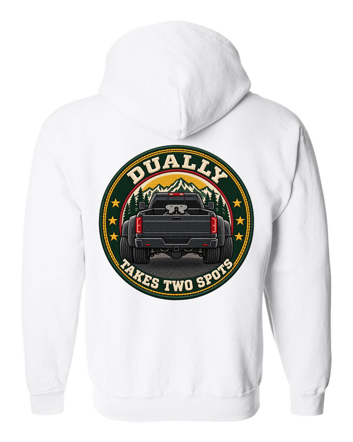 Varsity crest print for a 2019-2024 Ram HD 3500 dually with fifth wheel and takes two spots text white zip hoodie back view with the design