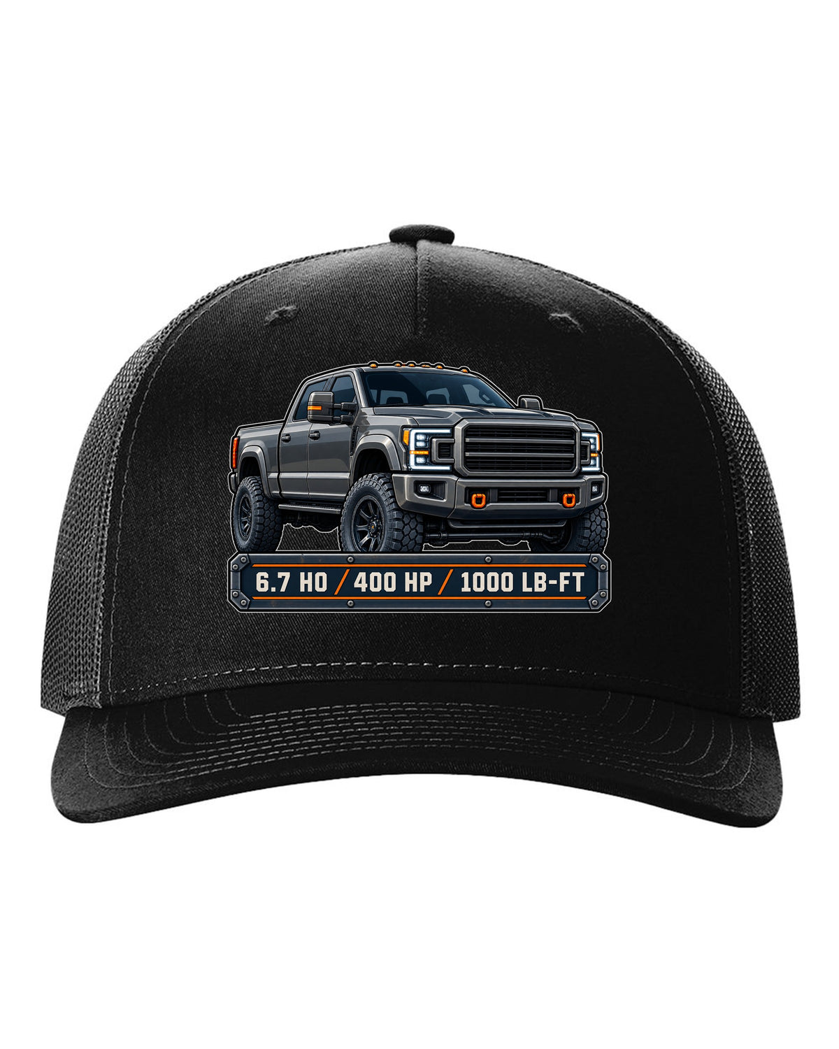 Spec-sheet data plate print for a 2019-2024 Ram HD 2500 crew cab with 6.7 HO 400 HP 1000 lb-ft text black hat front view with the design