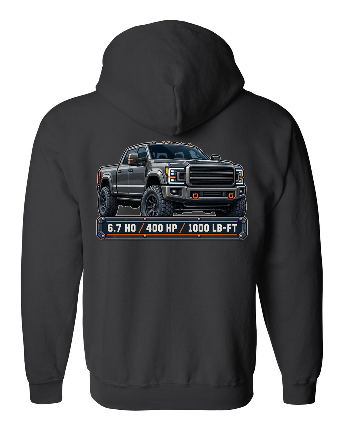 Spec-sheet data plate print for a 2019-2024 Ram HD 2500 crew cab with 6.7 HO 400 HP 1000 lb-ft text black zip hoodie back view with the design