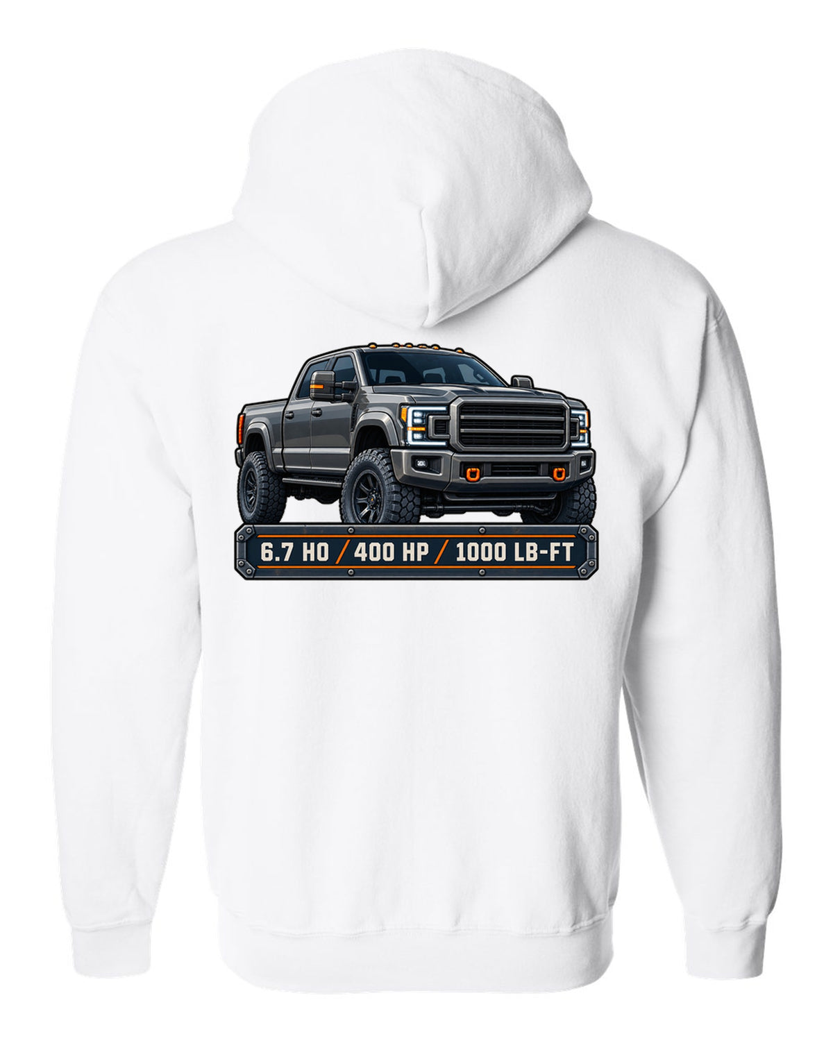Spec-sheet data plate print for a 2019-2024 Ram HD 2500 crew cab with 6.7 HO 400 HP 1000 lb-ft text white zip hoodie back view with the design