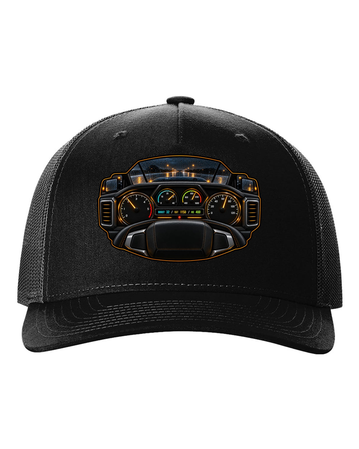 Night gauge-cluster HUD print of a 2019-2024 Ram HD 6.7 HO showing boost 32 EGT 1150 HO 400 black hat front view with the design