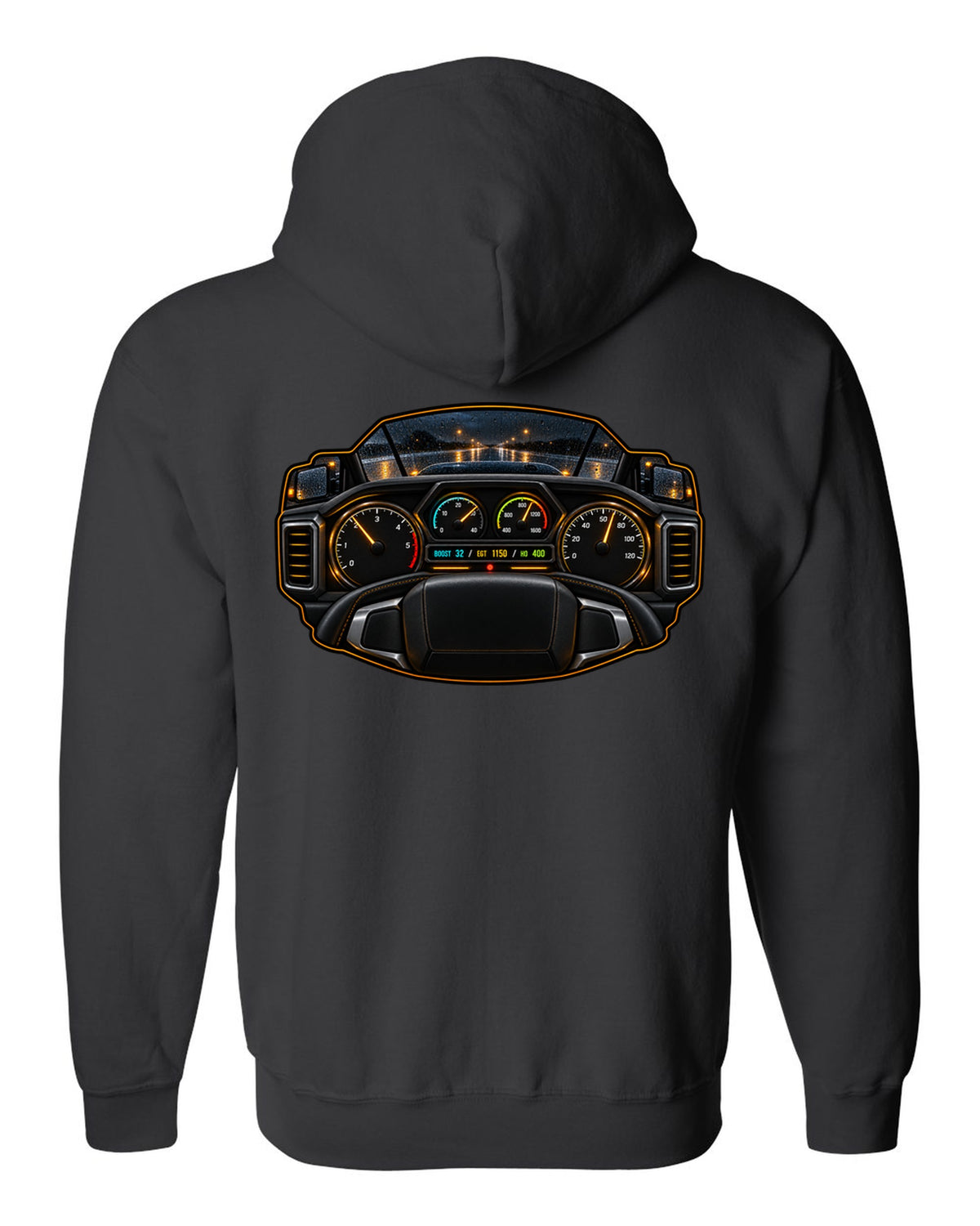 Night gauge-cluster HUD print of a 2019-2024 Ram HD 6.7 HO showing boost 32 EGT 1150 HO 400 black zip hoodie back view with the design