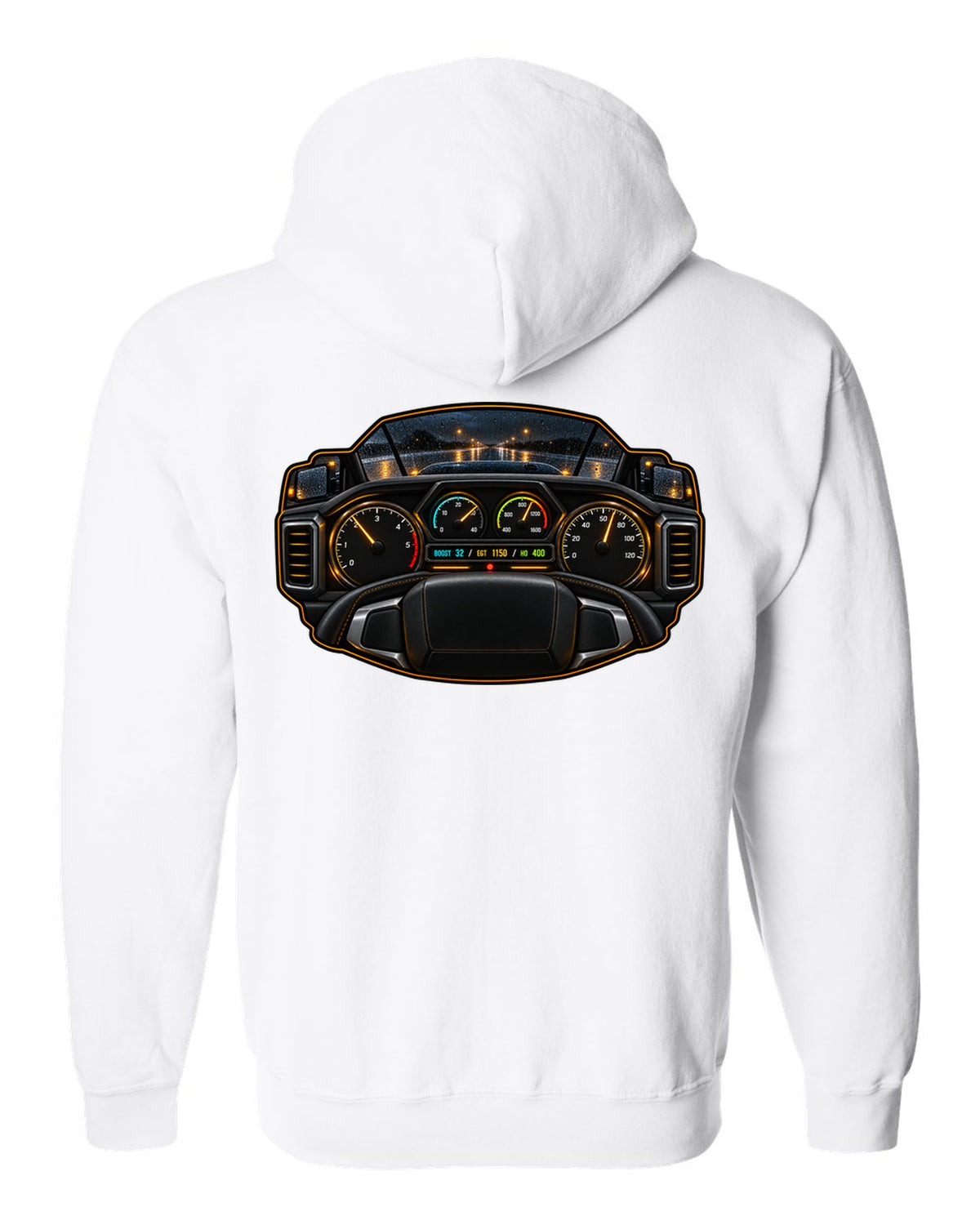 Night gauge-cluster HUD print of a 2019-2024 Ram HD 6.7 HO showing boost 32 EGT 1150 HO 400 white zip hoodie back view with the design