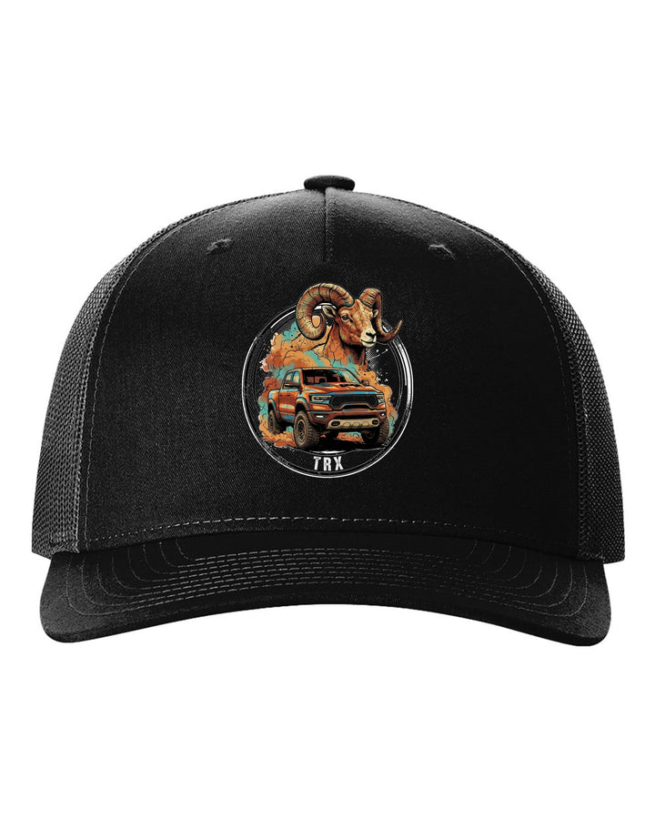 Ram TRX Bighorn black trucker hat front view with the design
