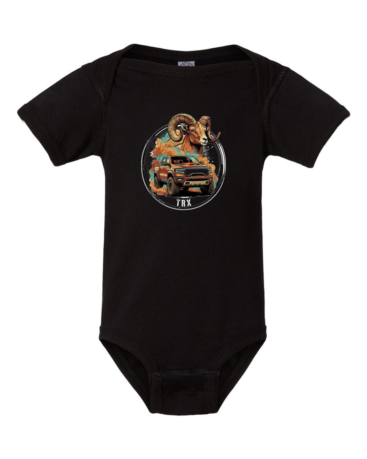 Ram TRX Bighorn black baby onesie front view with the design