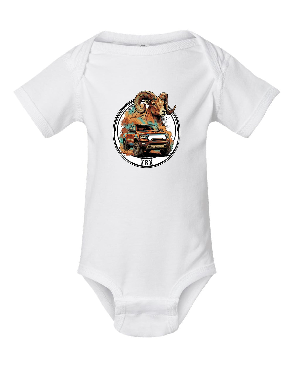 Ram TRX Bighorn white baby onesie front view with the design