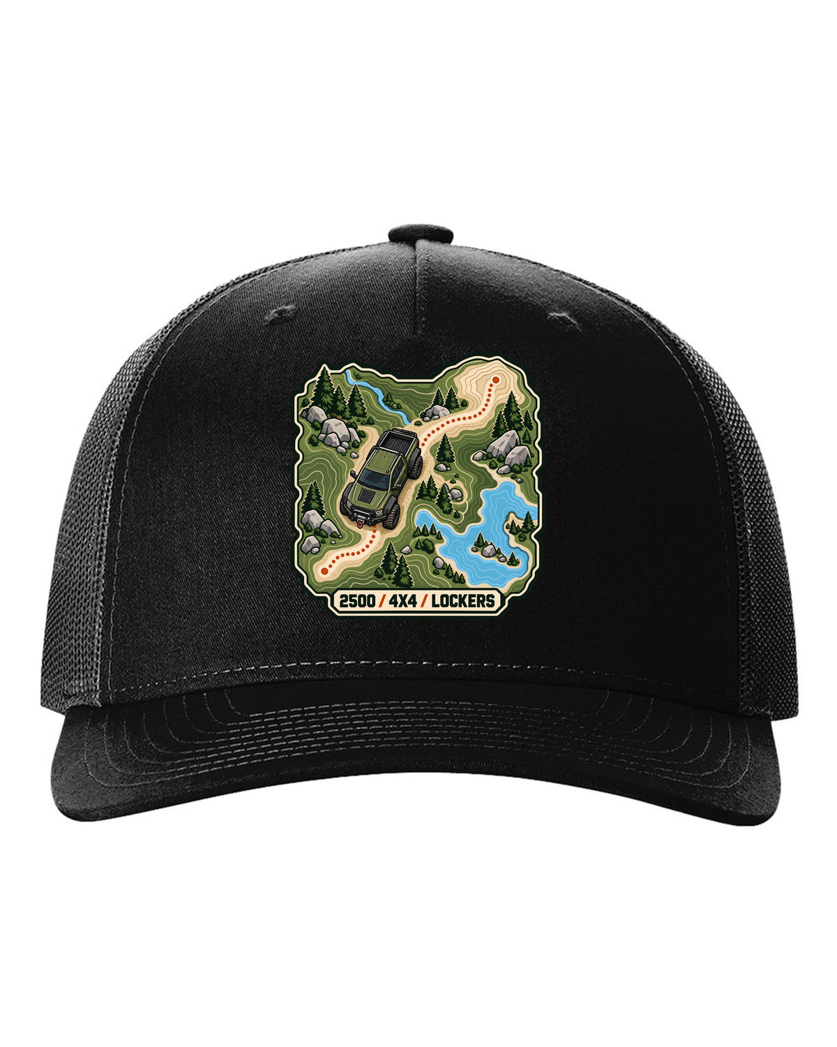 Topographic route map line art print of a Ram Power Wagon 2500 with 4x4 lockers text black hat front view with the design