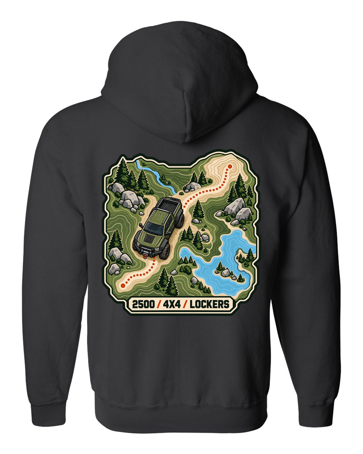 Topographic route map line art print of a Ram Power Wagon 2500 with 4x4 lockers text black zip hoodie back view with the design