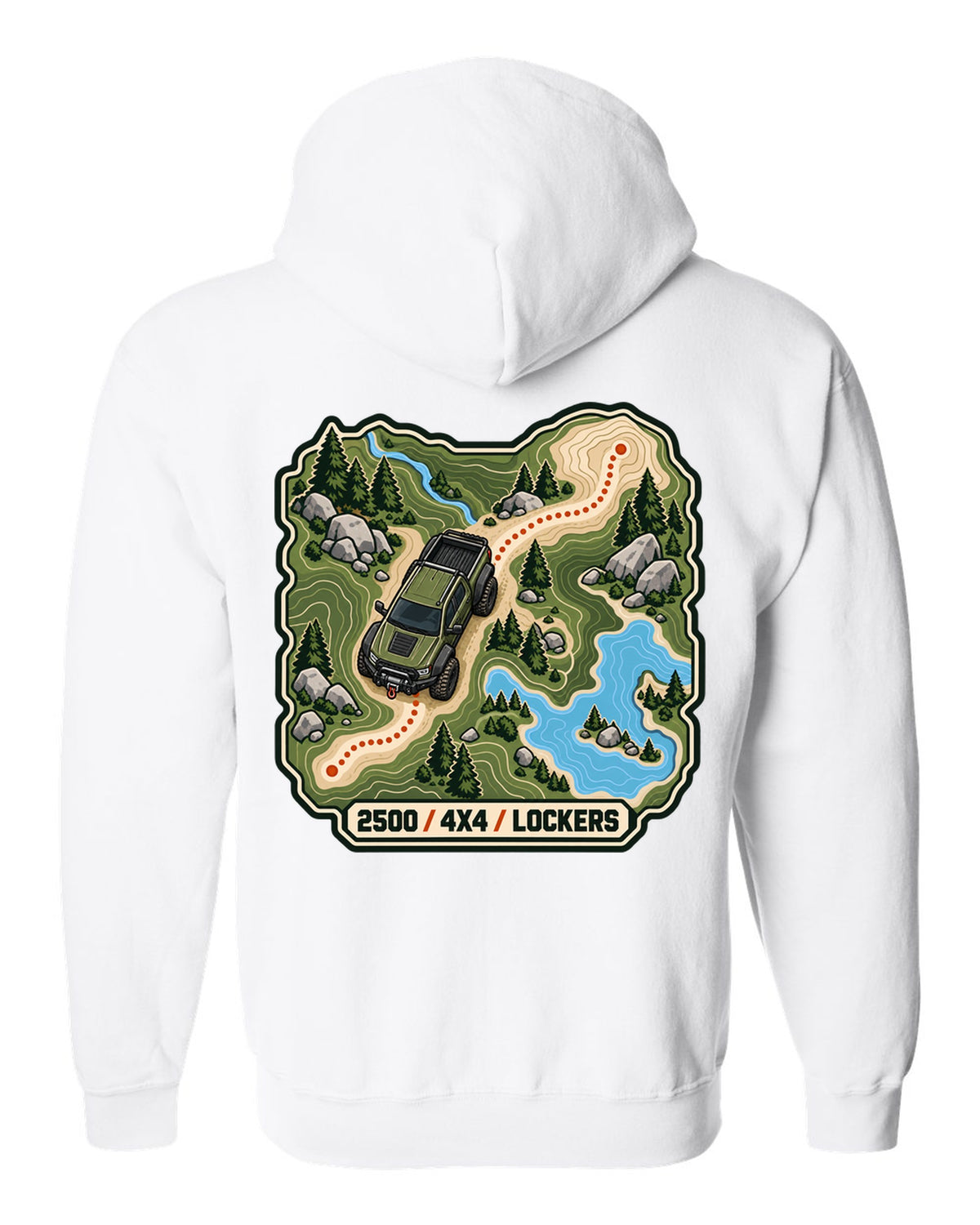 Topographic route map line art print of a Ram Power Wagon 2500 with 4x4 lockers text white zip hoodie back view with the design