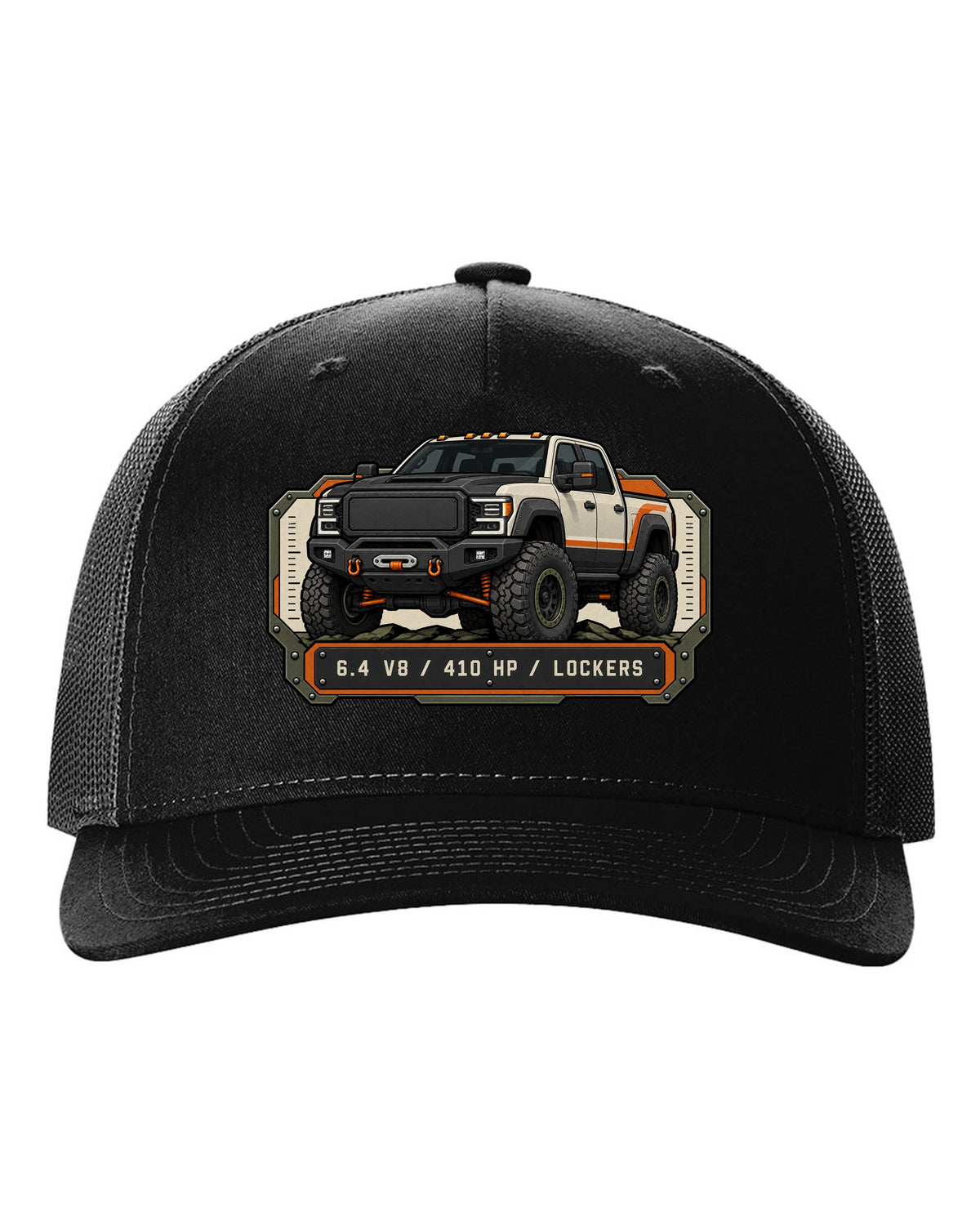 Spec-sheet data plate print of a Ram Power Wagon 2500 winch bumper with 6.4 V8 410 HP lockers text black hat front view with the design