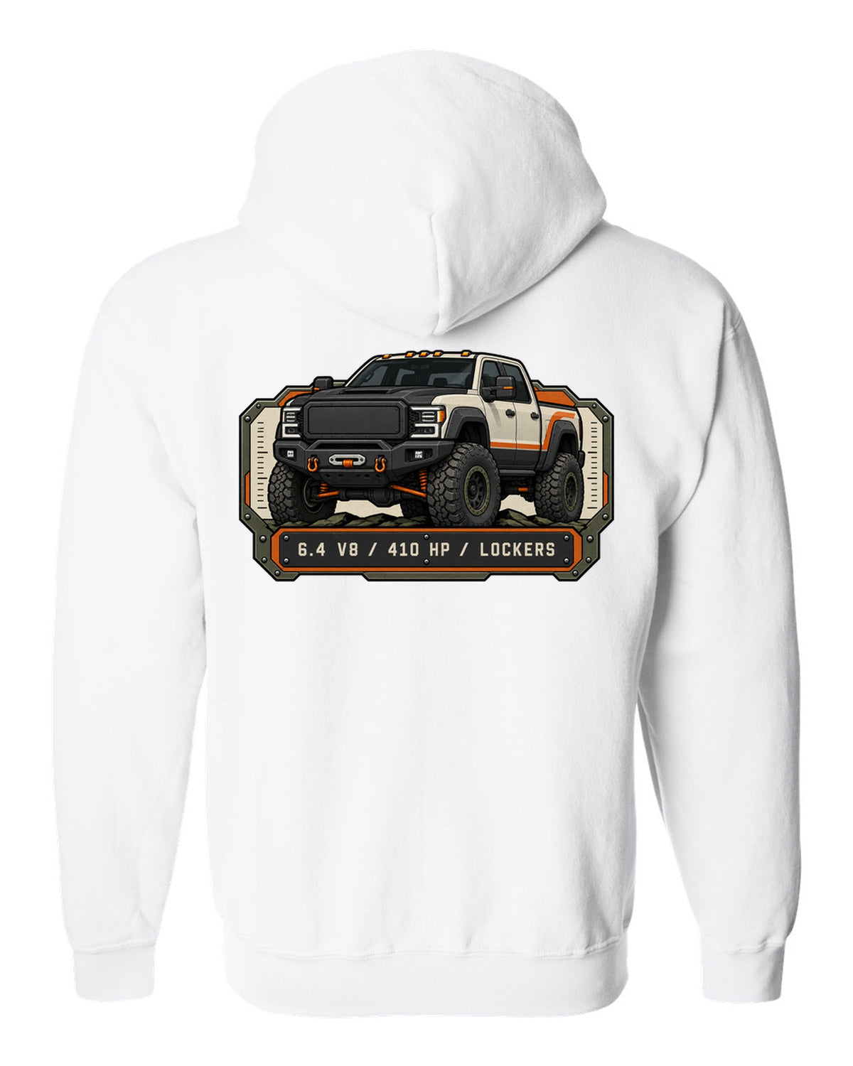 Spec-sheet data plate print of a Ram Power Wagon 2500 winch bumper with 6.4 V8 410 HP lockers text white zip hoodie back view with the design