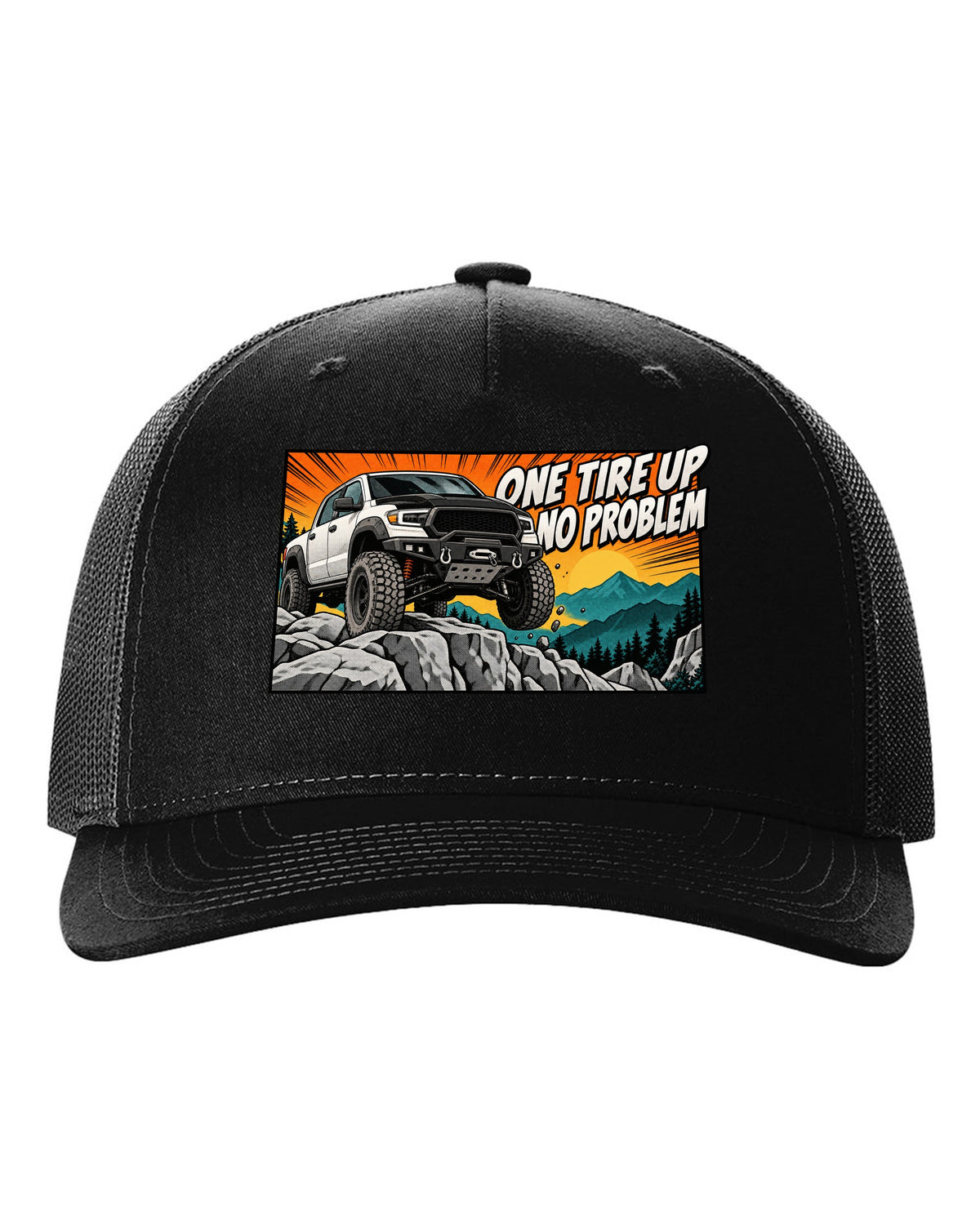 Retro manga halftone print of a Ram Power Wagon 2500 4x4 with one tire up on a ledge black hat front view with the design