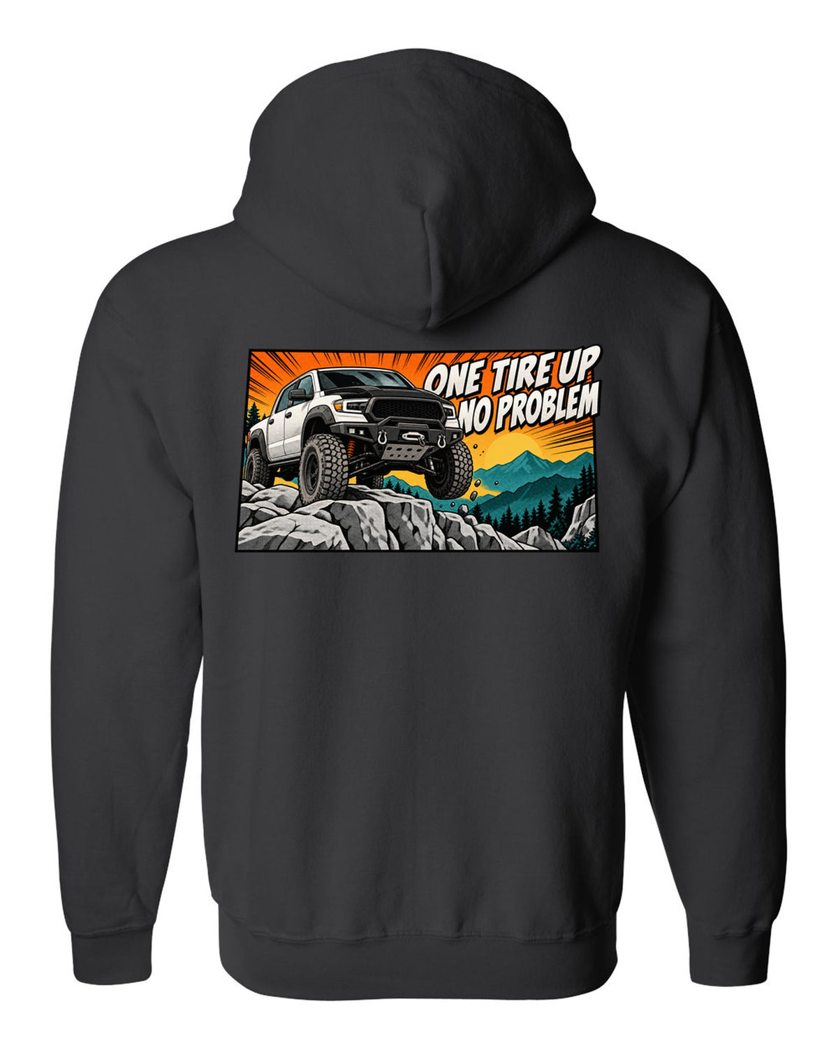 Retro manga halftone print of a Ram Power Wagon 2500 4x4 with one tire up on a ledge black zip hoodie back view with the design