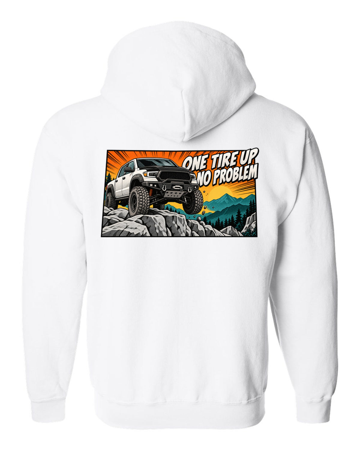 Retro manga halftone print of a Ram Power Wagon 2500 4x4 with one tire up on a ledge white zip hoodie back view with the design