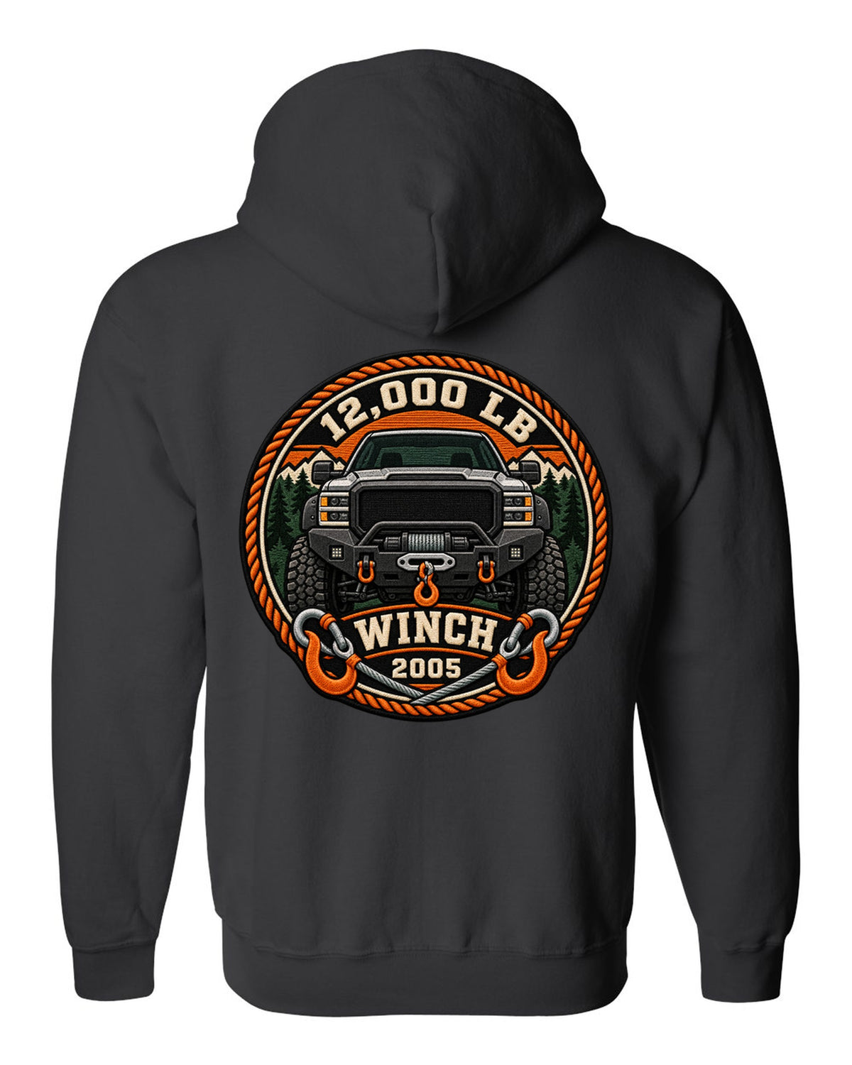 Varsity crest print of a Ram Power Wagon 2500 winch bumper with 12,000 LB winch 2005 text black zip hoodie back view with the design