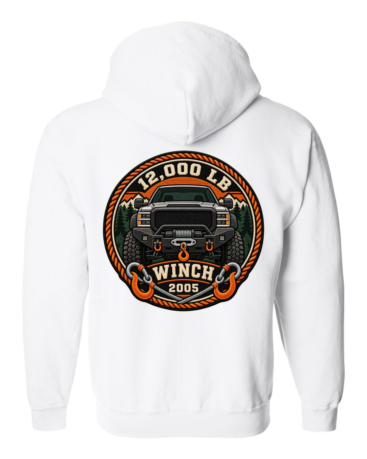 Varsity crest print of a Ram Power Wagon 2500 winch bumper with 12,000 LB winch 2005 text white zip hoodie back view with the design