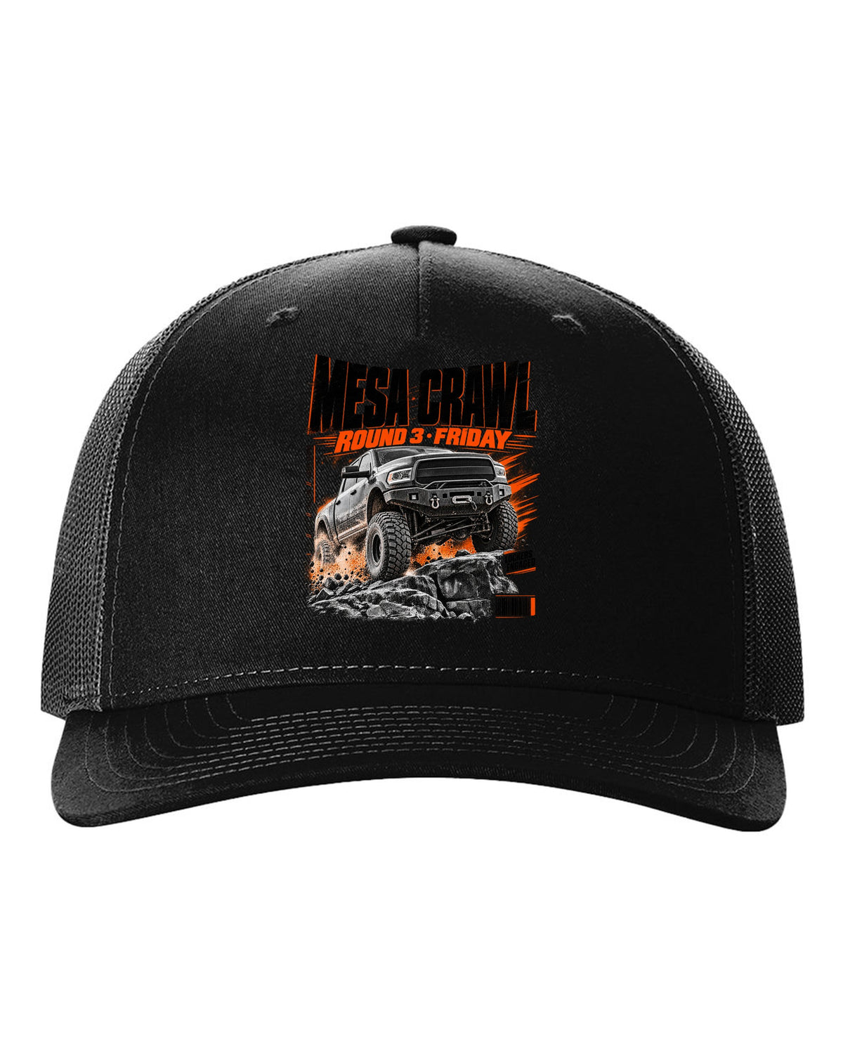 Race poster print of a Ram 2500 Power Wagon at a Mesa Crawl event black hat front view with the design