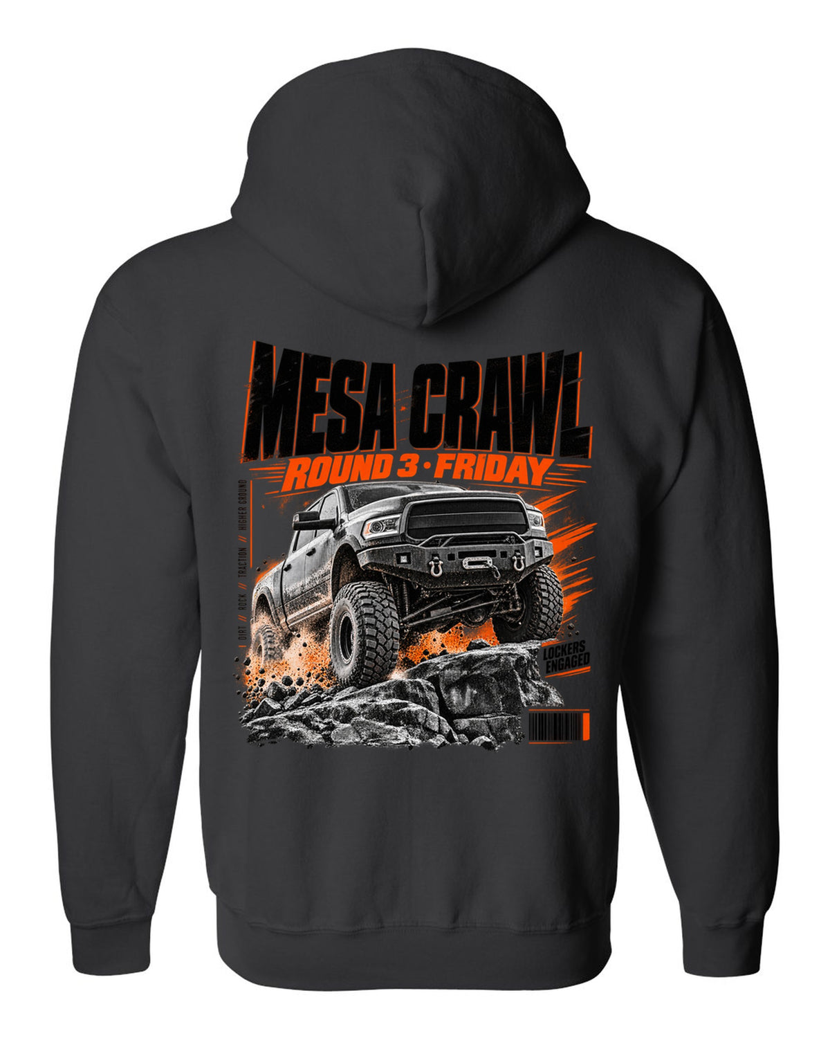 Race poster print of a Ram 2500 Power Wagon at a Mesa Crawl event black zip hoodie back view with the design
