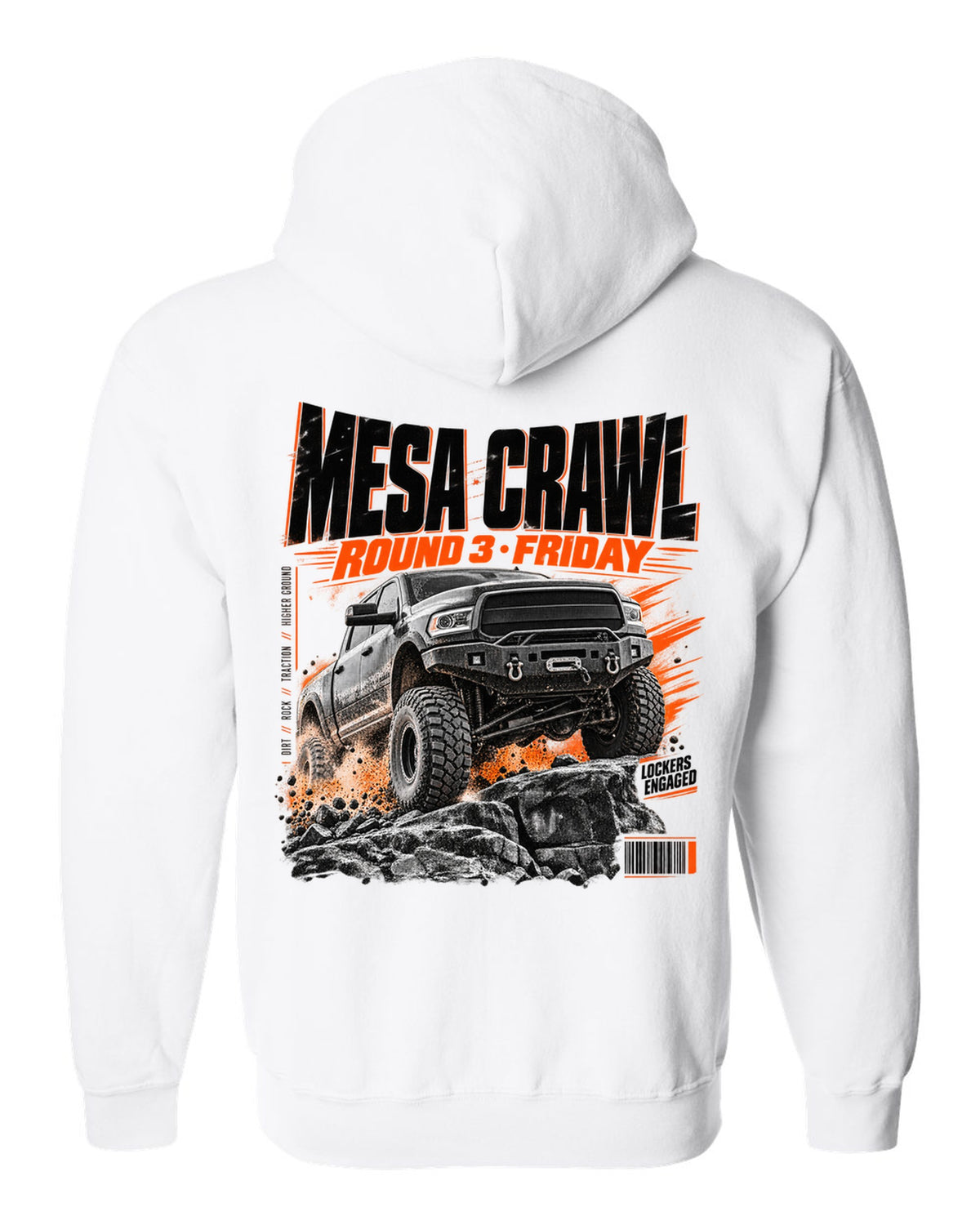 Race poster print of a Ram 2500 Power Wagon at a Mesa Crawl event white zip hoodie back view with the design