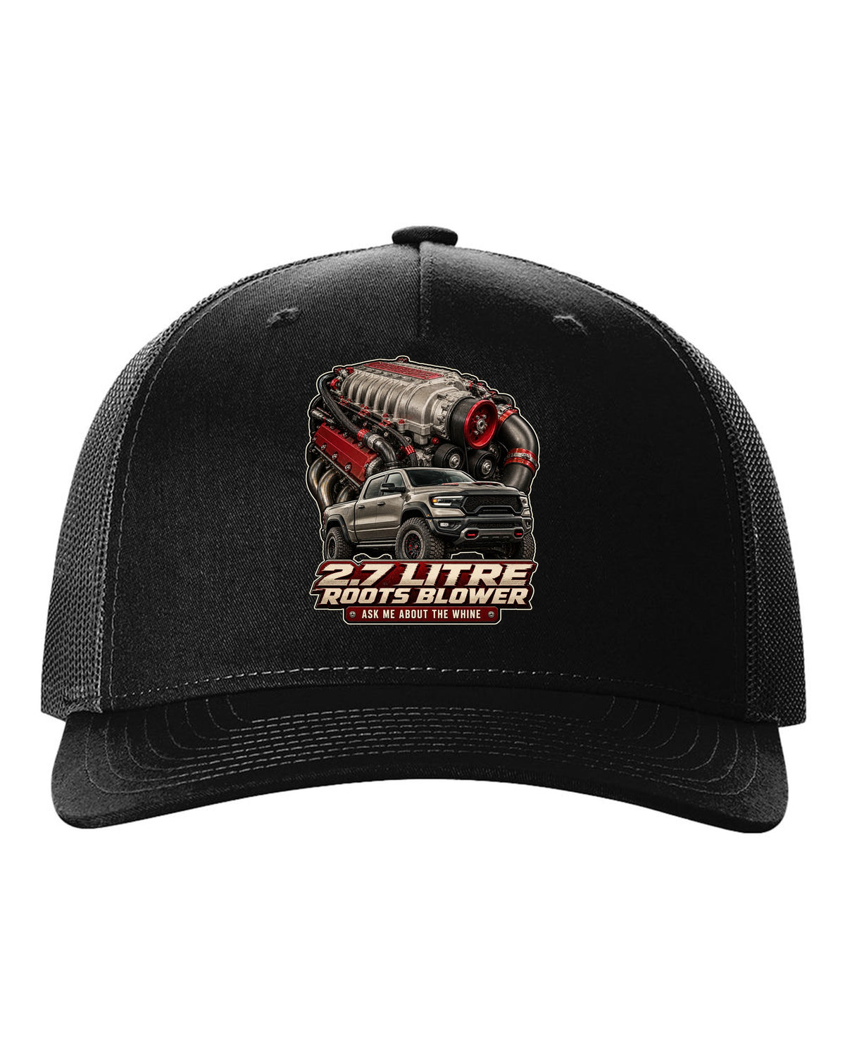 Ram 1500 TRX 2.7 litre Roots supercharger engine poster print black hat front view with the design