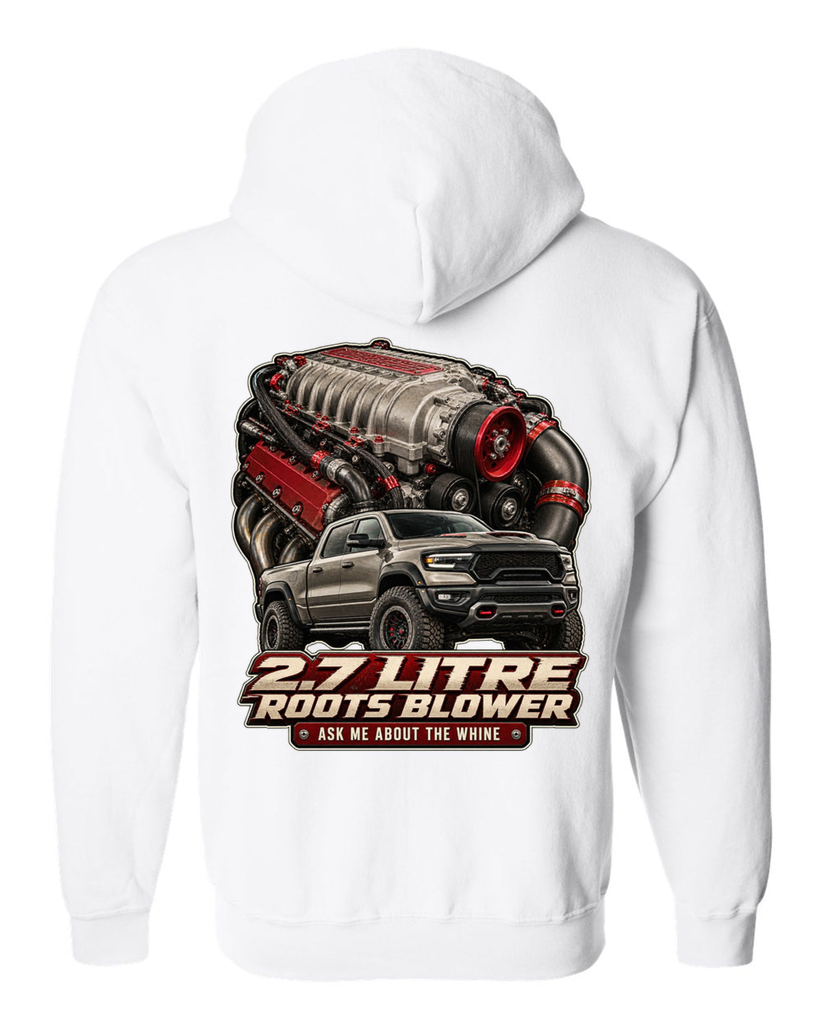 Ram 1500 TRX 2.7 litre Roots supercharger engine poster print white zip hoodie back view with the design