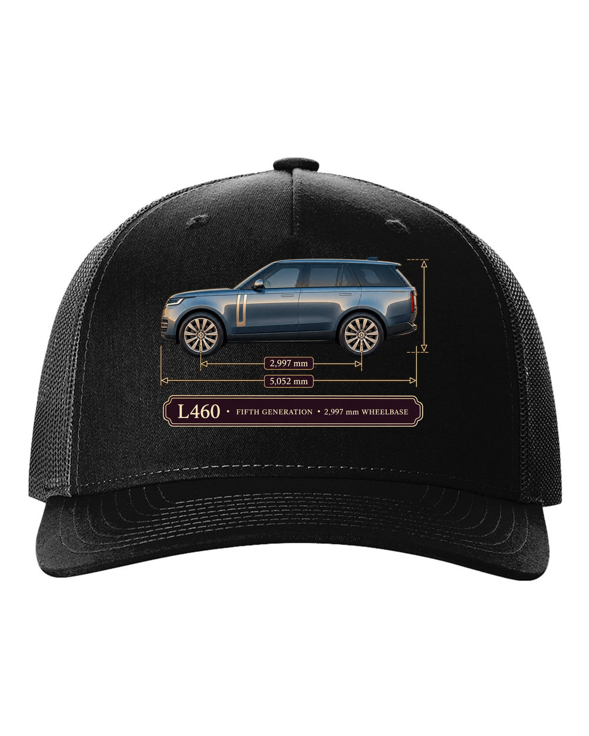 Dimension blueprint print of the Range Rover L460 fifth generation with wheelbase black hat front view with the design