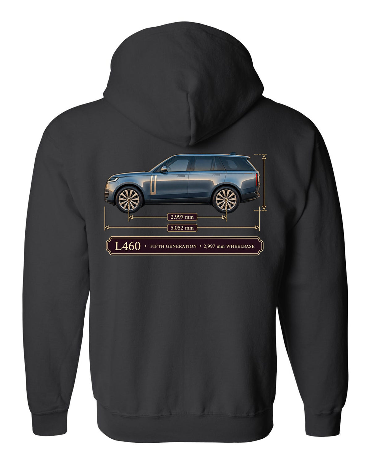 Dimension blueprint print of the Range Rover L460 fifth generation with wheelbase black zip hoodie back view with the design