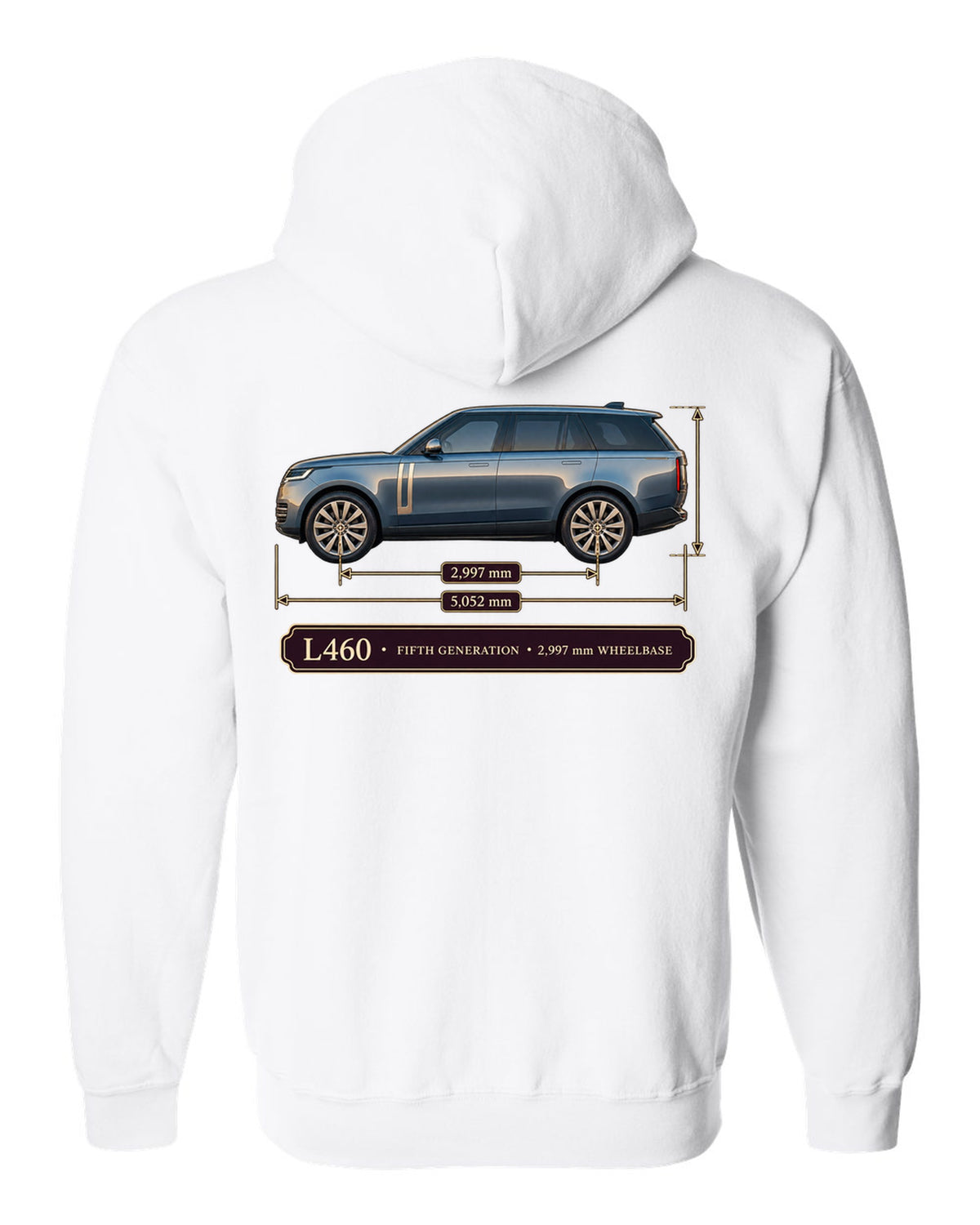 Dimension blueprint print of the Range Rover L460 fifth generation with wheelbase white zip hoodie back view with the design