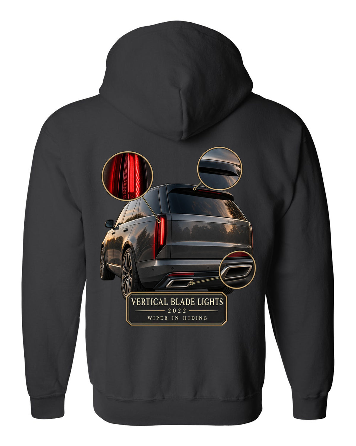 Taillight macro print of the Range Rover L460 with vertical blade lights black zip hoodie back view with the design
