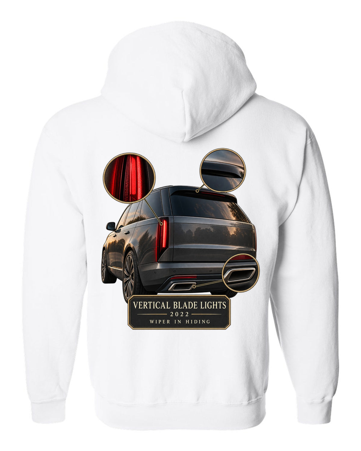 Taillight macro print of the Range Rover L460 with vertical blade lights white zip hoodie back view with the design