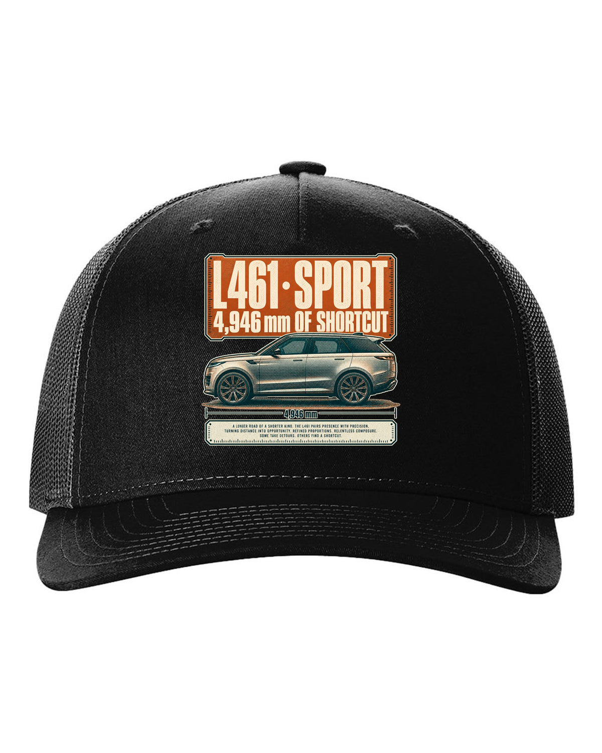 Halftone statement print of the Range Rover Sport L461 with length lettering black hat front view with the design