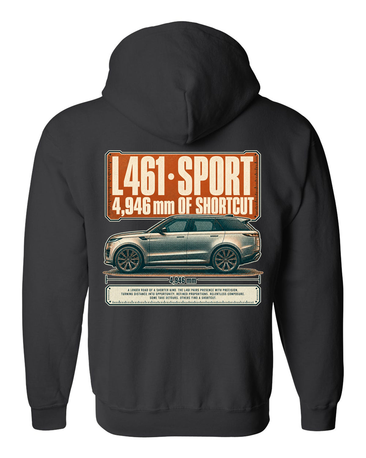 Halftone statement print of the Range Rover Sport L461 with length lettering black zip hoodie back view with the design