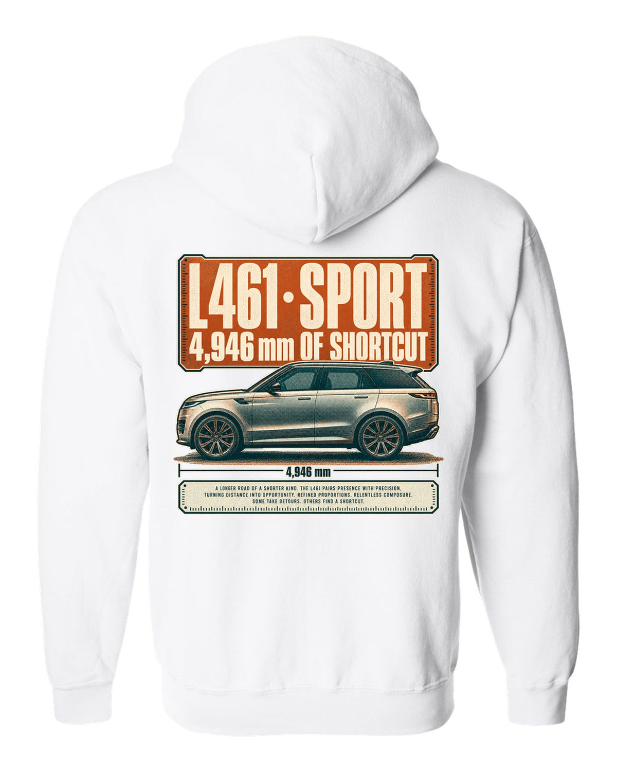 Halftone statement print of the Range Rover Sport L461 with length lettering white zip hoodie back view with the design