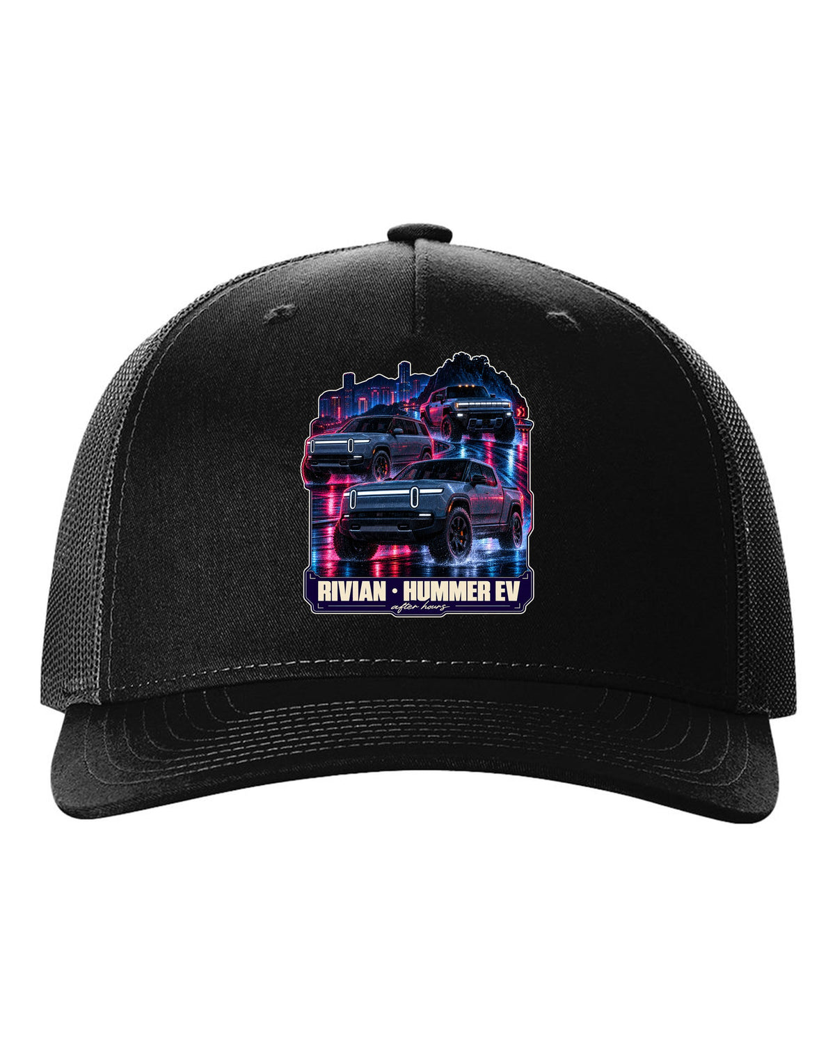 Night street print of the Range Rover Sport SV L461 on a wet road at 2 AM black hat front view with the design