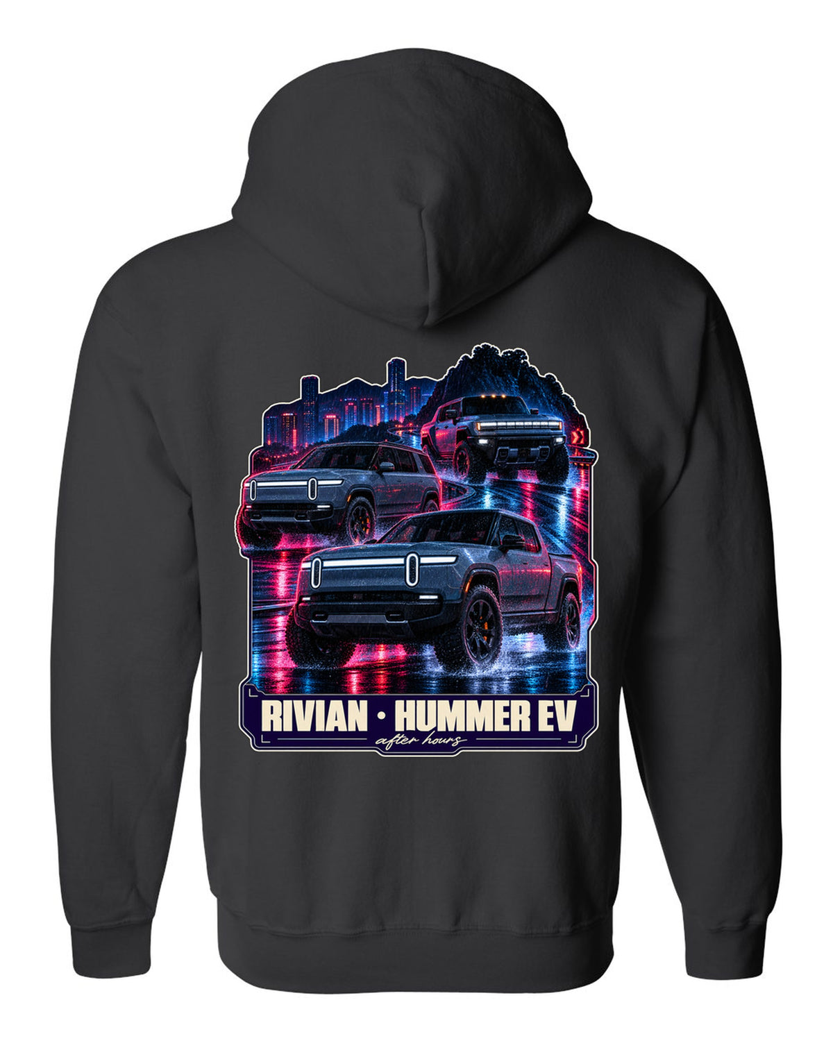Night street print of the Range Rover Sport SV L461 on a wet road at 2 AM black zip hoodie back view with the design
