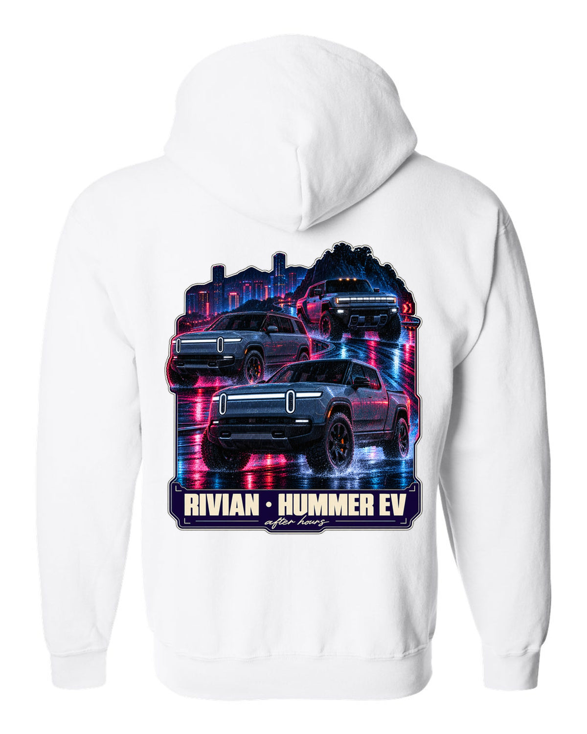 Night street print of the Range Rover Sport SV L461 on a wet road at 2 AM white zip hoodie back view with the design