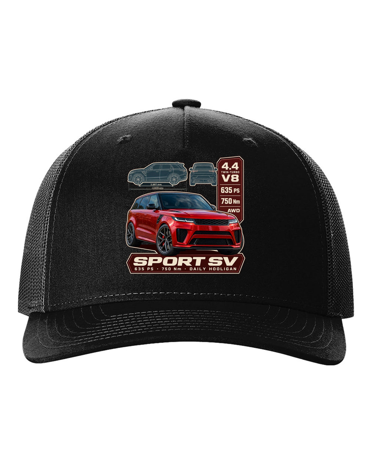 Spec poster print of the Range Rover Sport SV L461 with power and torque black hat front view with the design