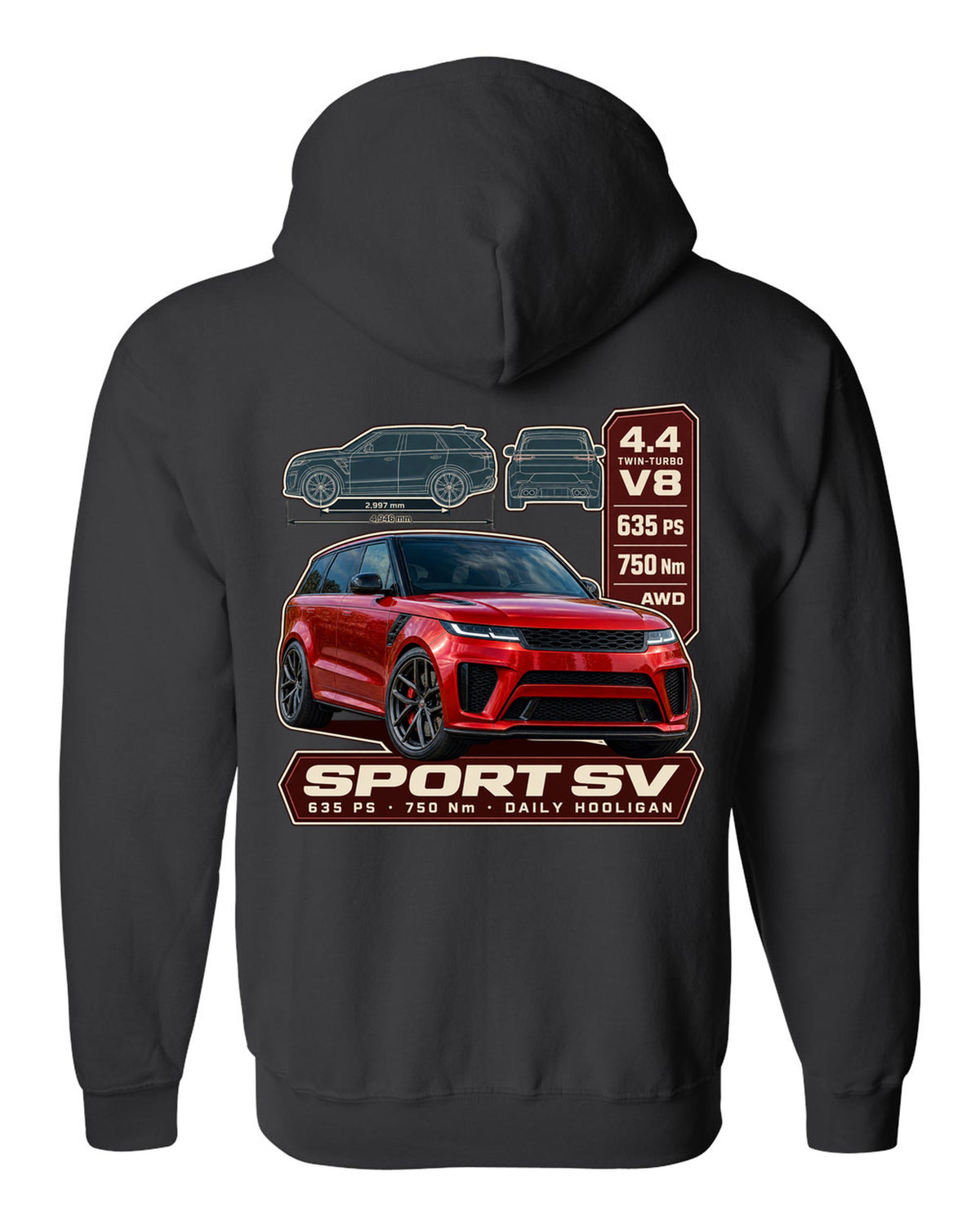 Spec poster print of the Range Rover Sport SV L461 with power and torque black zip hoodie back view with the design
