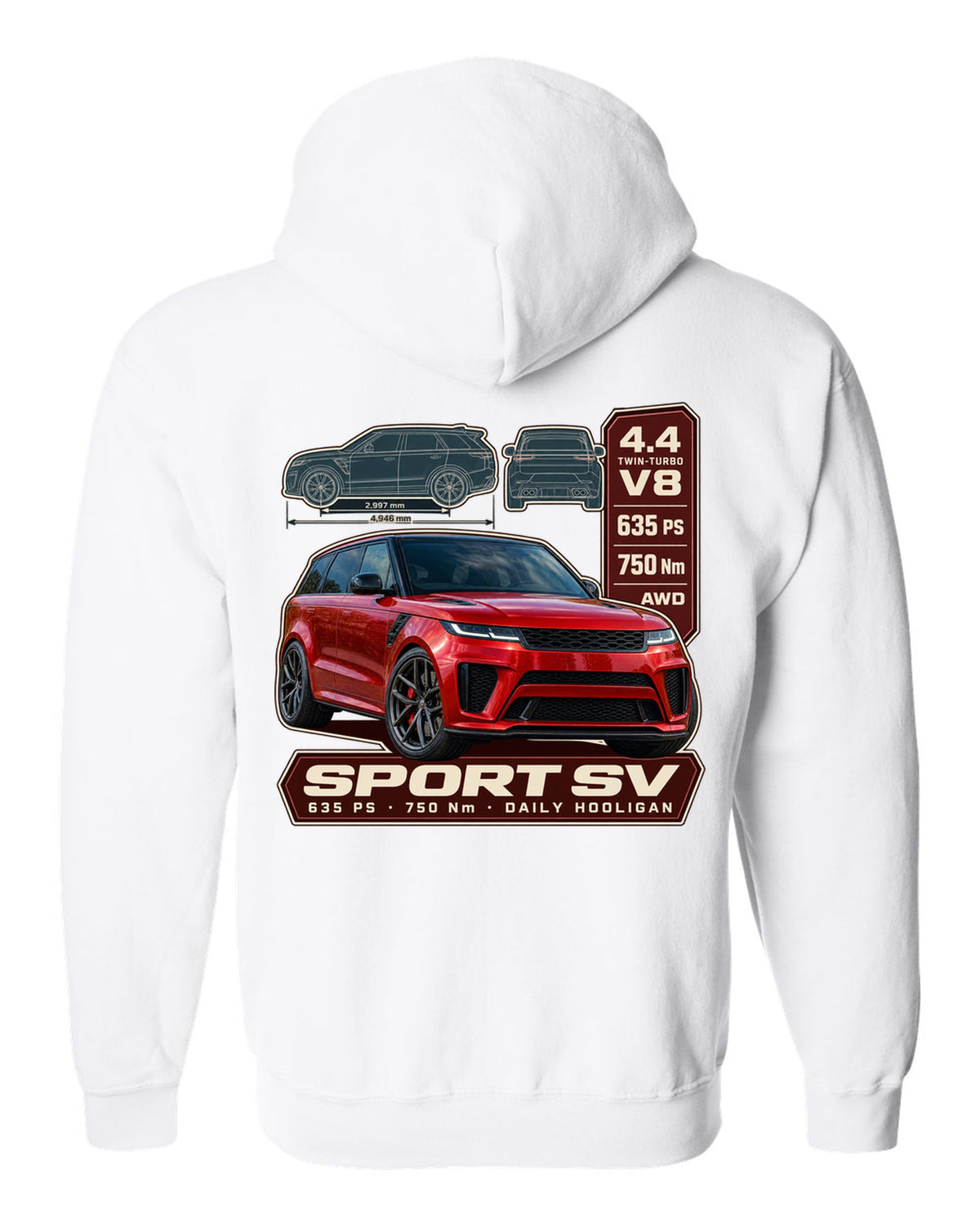 Spec poster print of the Range Rover Sport SV L461 with power and torque white zip hoodie back view with the design