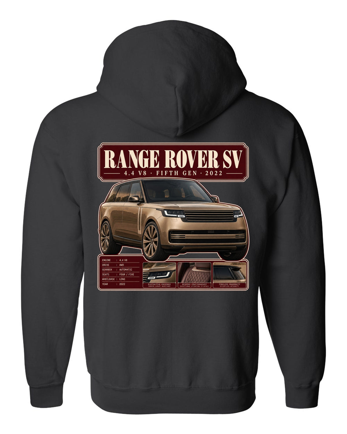 Archive panel print of the Range Rover SV L460 with 4.4 V8 and fifth generation black zip hoodie back view with the design