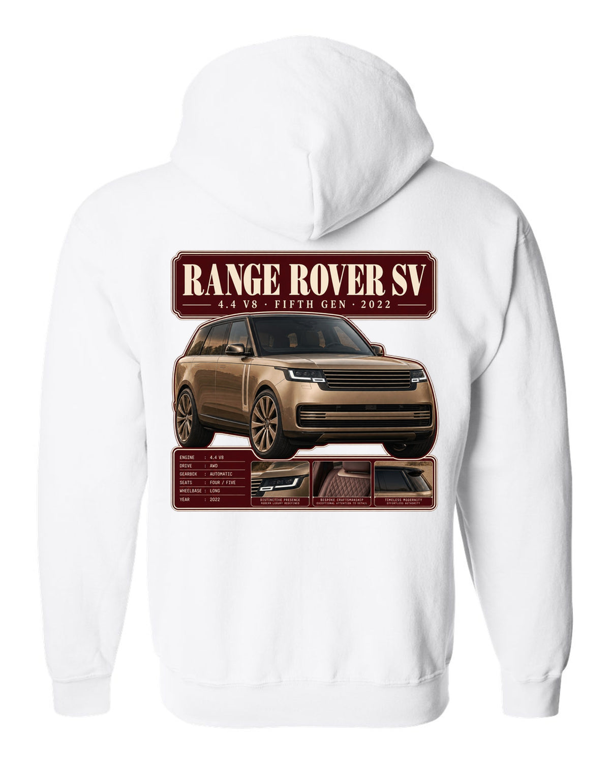 Archive panel print of the Range Rover SV L460 with 4.4 V8 and fifth generation white zip hoodie back view with the design