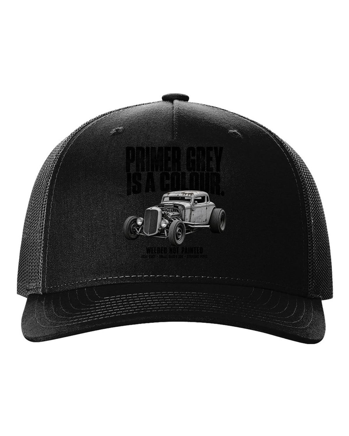 Halftone print of a primer grey 1934-style rat rod coupe black hat front view with the design
