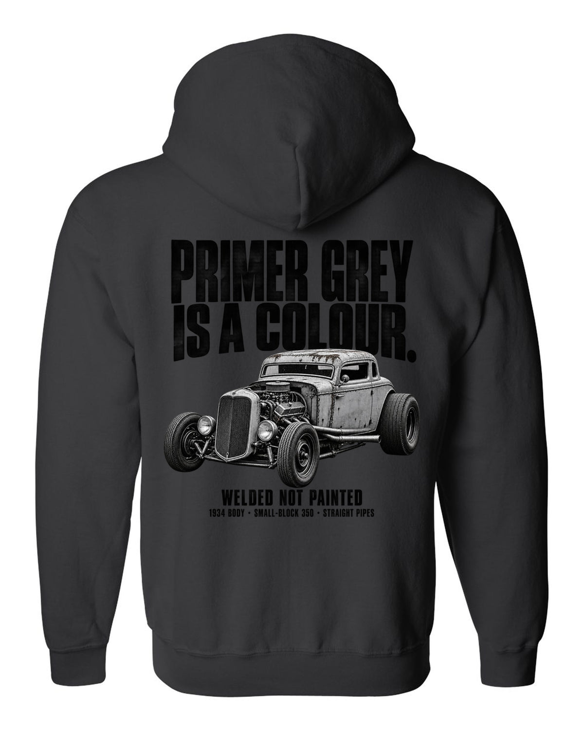 Halftone print of a primer grey 1934-style rat rod coupe black zip hoodie back view with the design