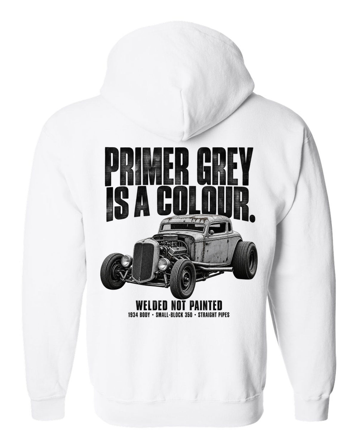 Halftone print of a primer grey 1934-style rat rod coupe white zip hoodie back view with the design