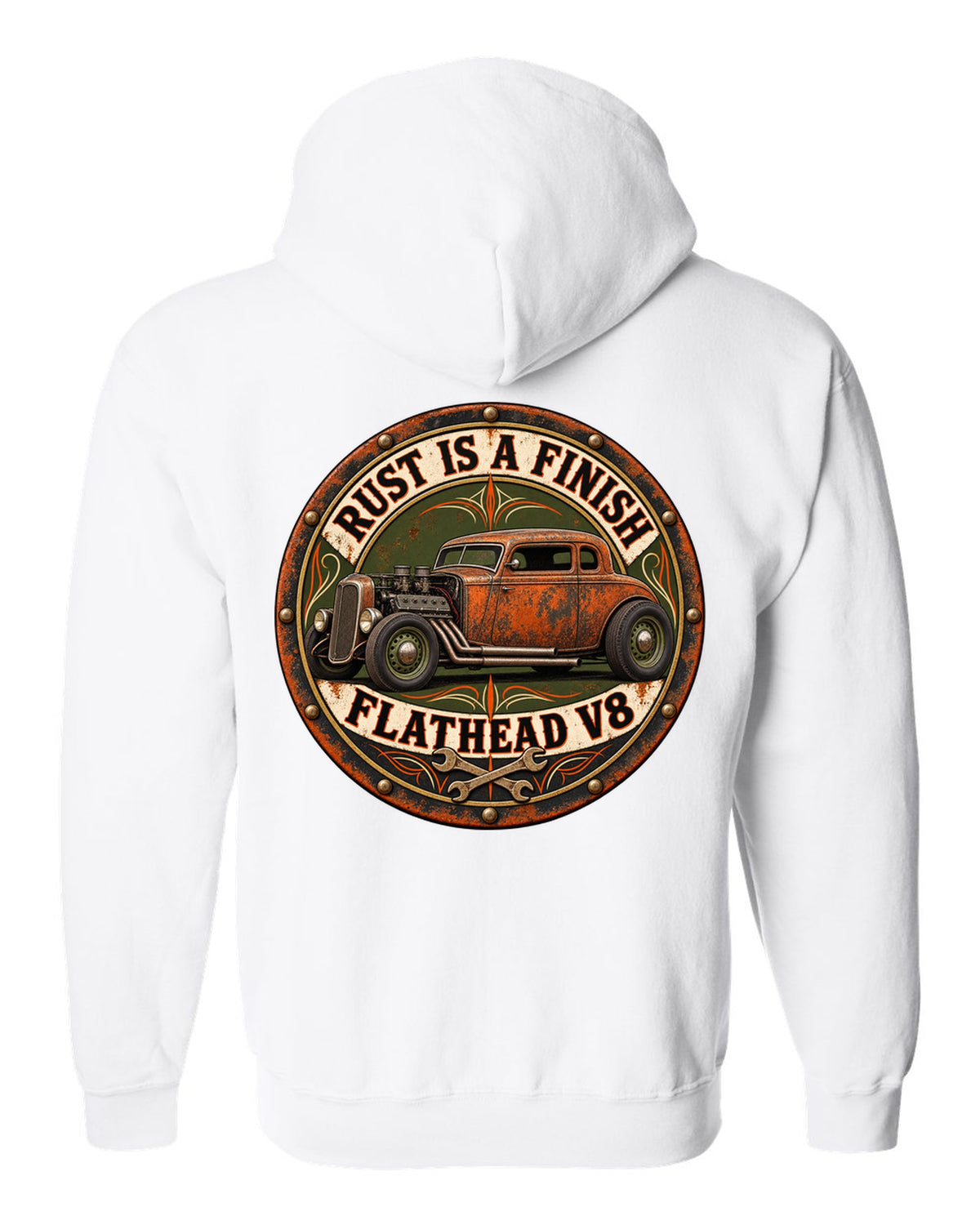 Round badge crest print for a rat rod hot rod with Rust Is A Finish and Flathead V8 lettering white zip hoodie back view with the design