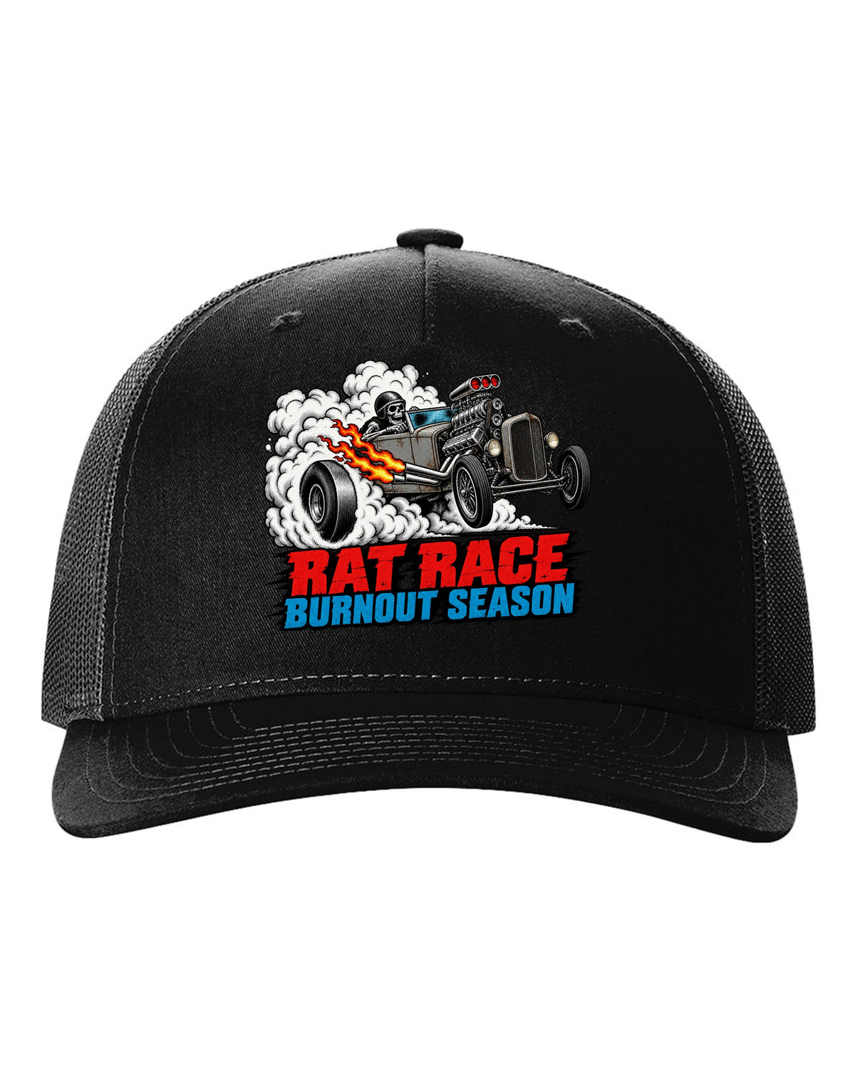 Halftone screenprint print of a primer-grey rat rod roadster in tyre smoke with Burnout Season lettering black hat front view with the design