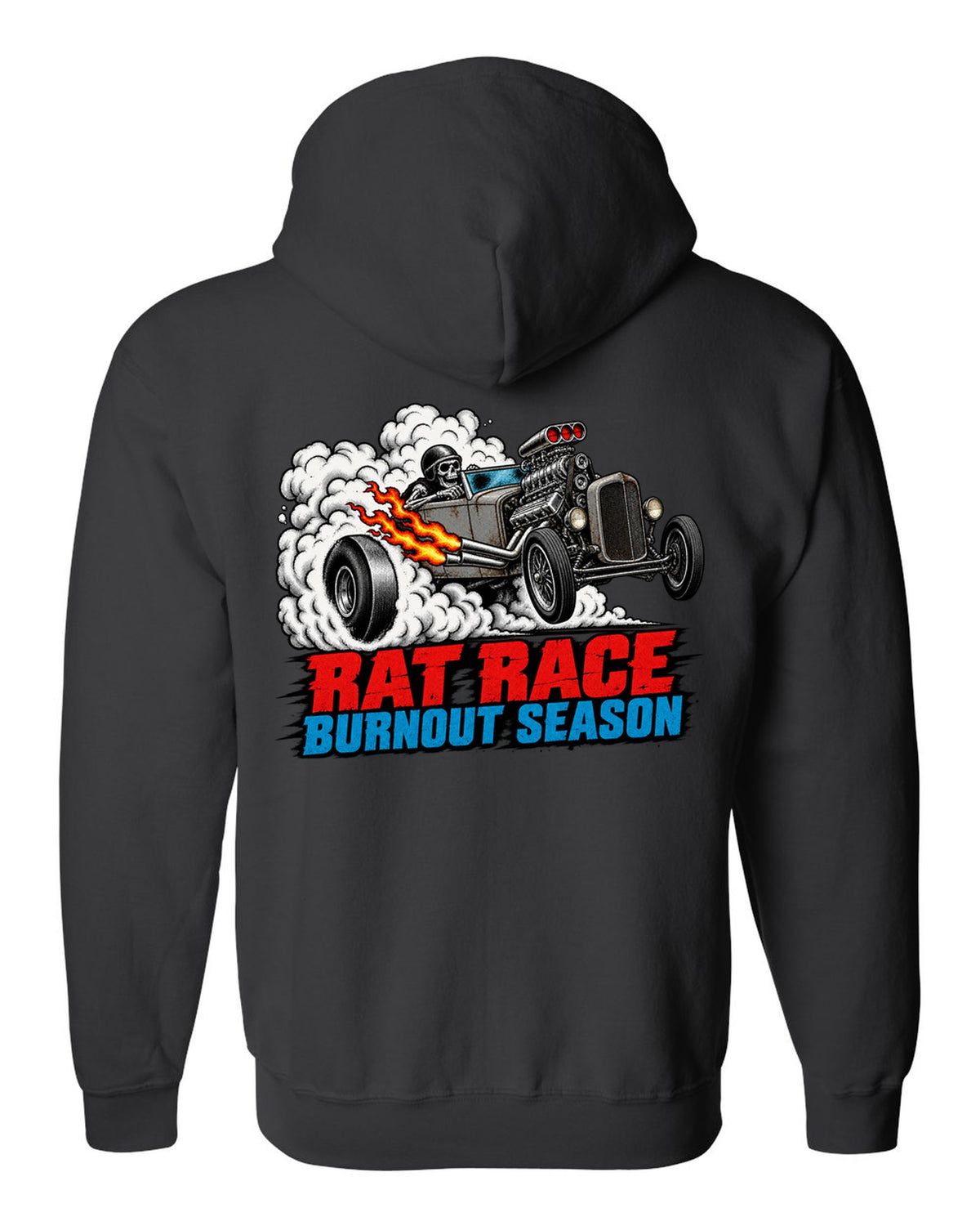 Halftone screenprint print of a primer-grey rat rod roadster in tyre smoke with Burnout Season lettering black zip hoodie back view with the design