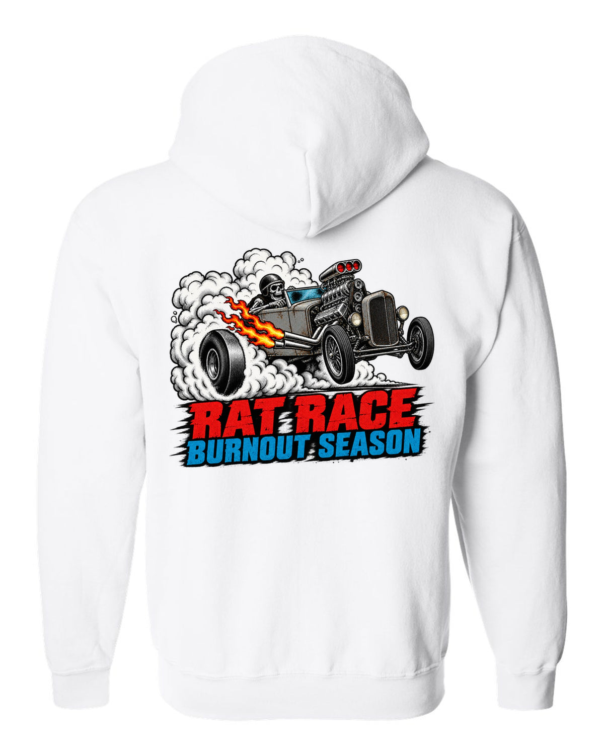 Halftone screenprint print of a primer-grey rat rod roadster in tyre smoke with Burnout Season lettering white zip hoodie back view with the design