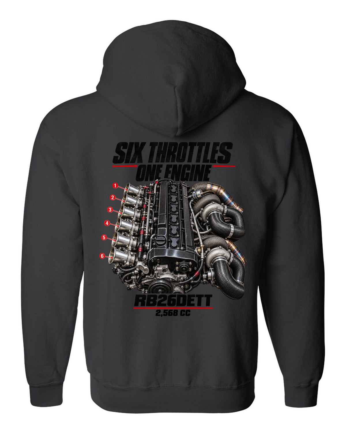 print of the RB26DETT six-throttle engine from the Nissan Skyline GT-R R32 black zip hoodie back view with the design